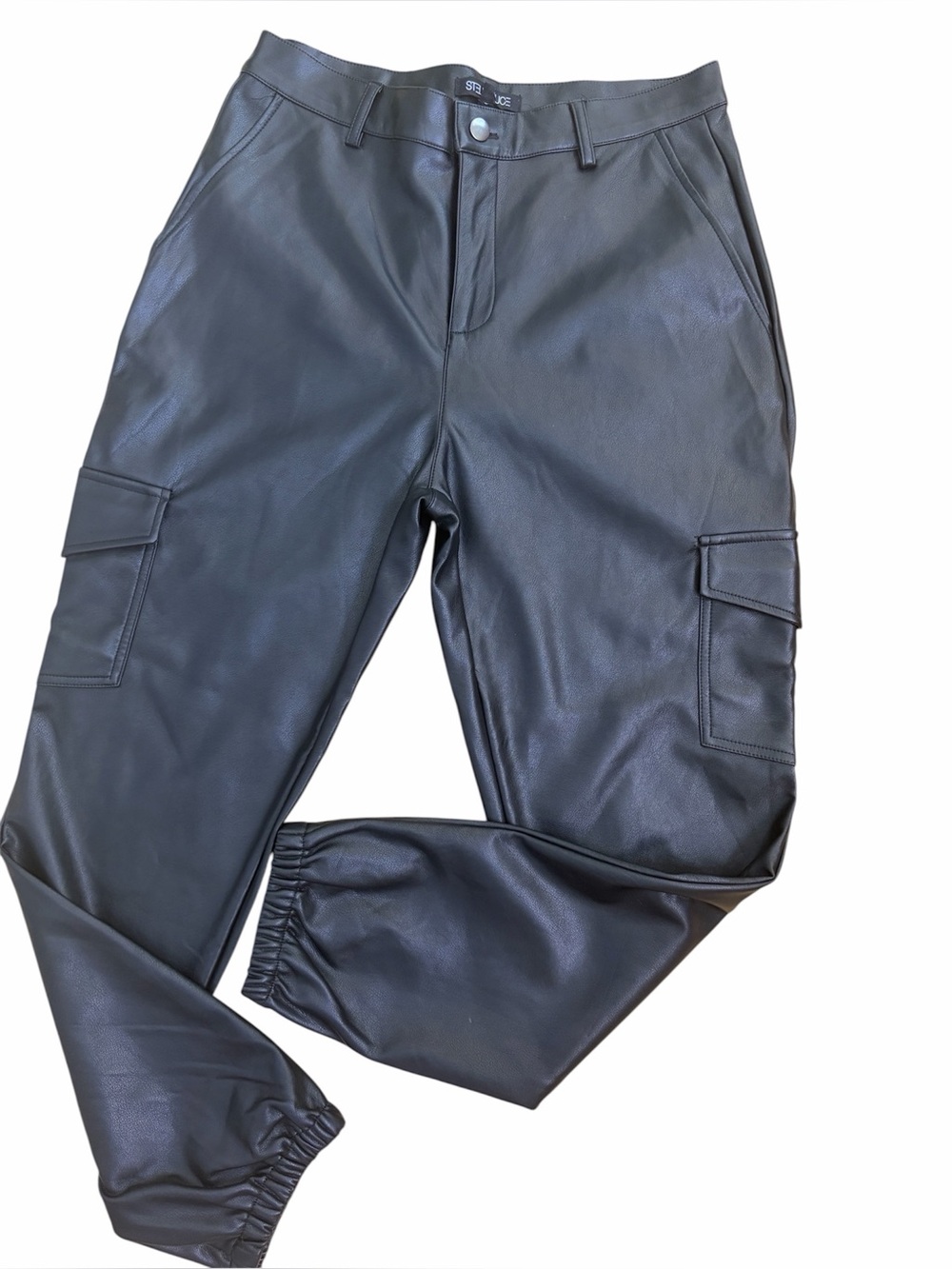 Stella Luce faux leather cargo pants sz LG jogger stretch zip snap EUC